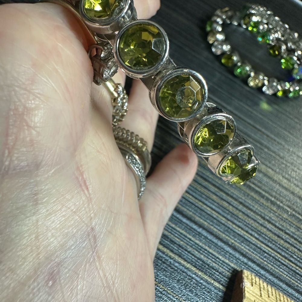 THREE GREEN & AB CRYSTAL SILVER & PERIDOT RHINESTONE MAGNETIC CLOSURE BRACELETS - Picture 5 of 11